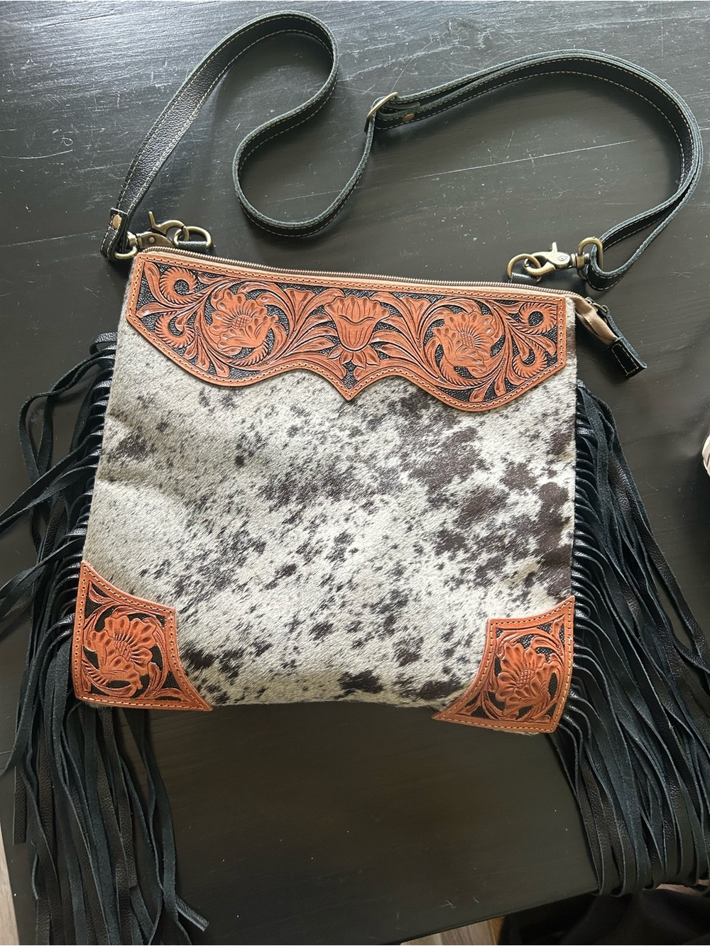 Myra Bag Black & Brown Cowhide Crossbody with Tooled Leather Trim & Fringe